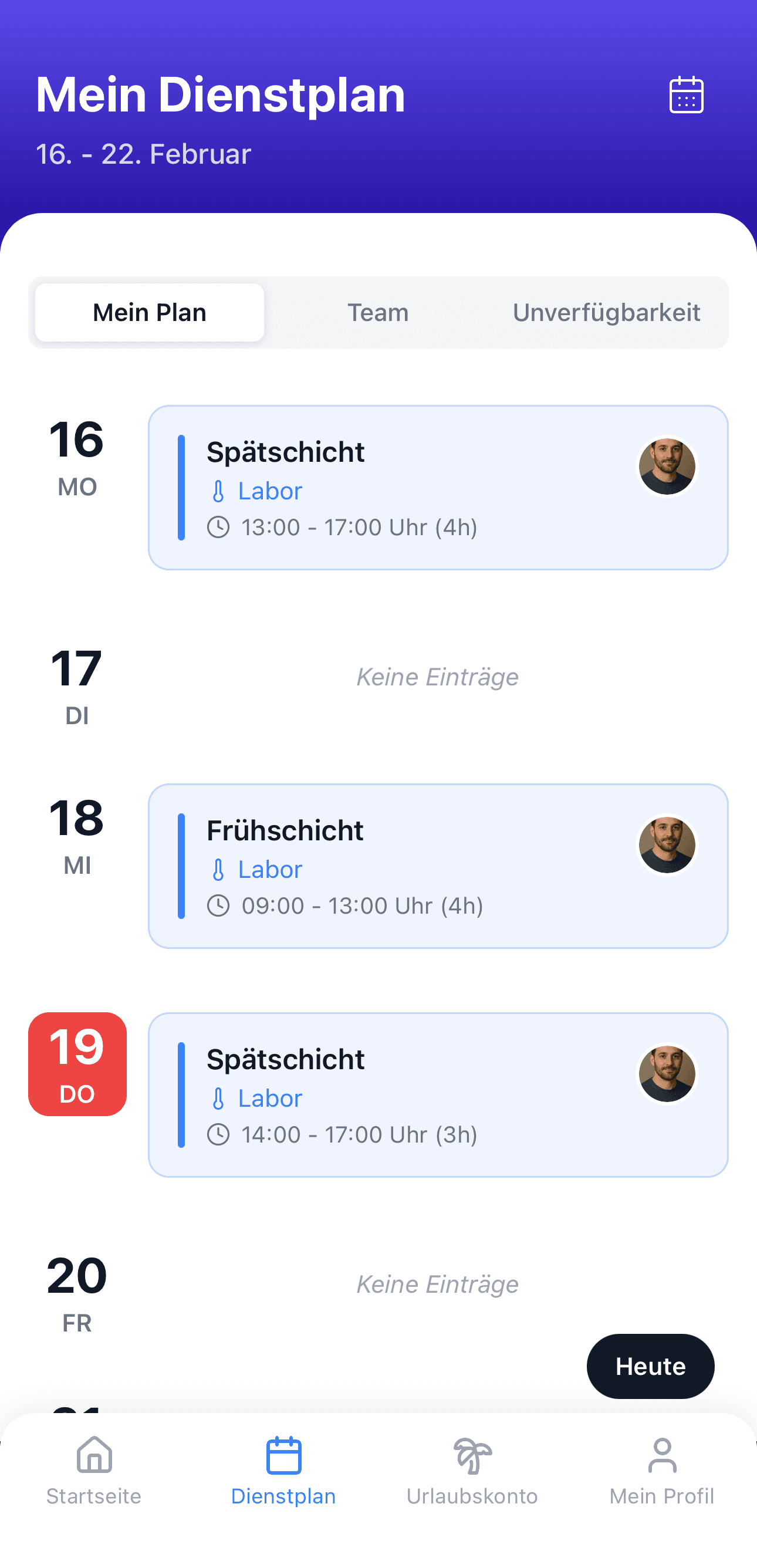 Dienstplan App - Wochenansicht mit Schichten